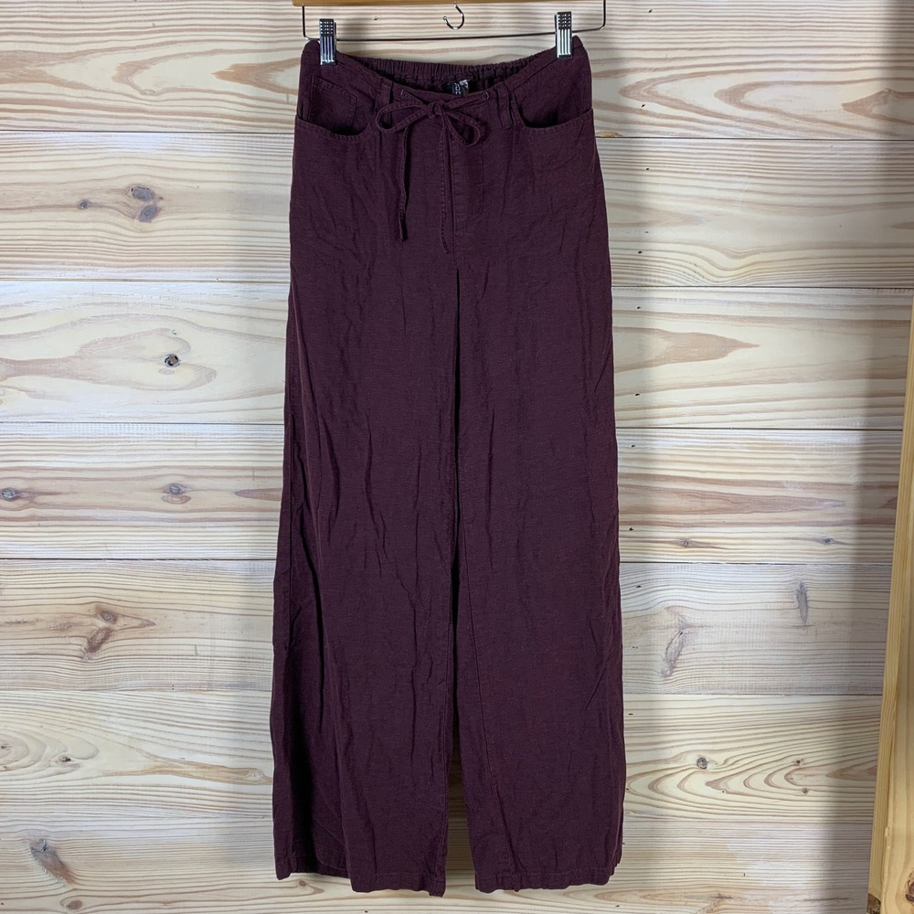 Divided Wide Leg Pants Womens XS Burgundy Linen Blend Drawstring Casual Trousers